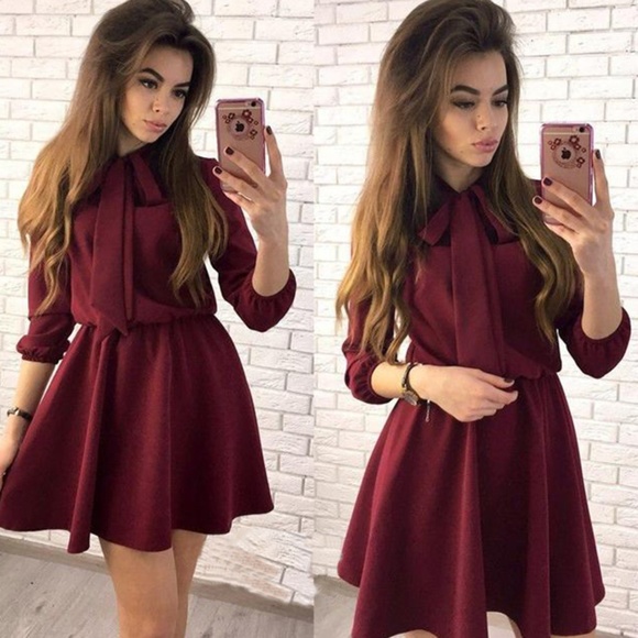 Wine Color - Front Bow Mini Dress w/ 3 Qtr Sleeves - Picture 1 of 8